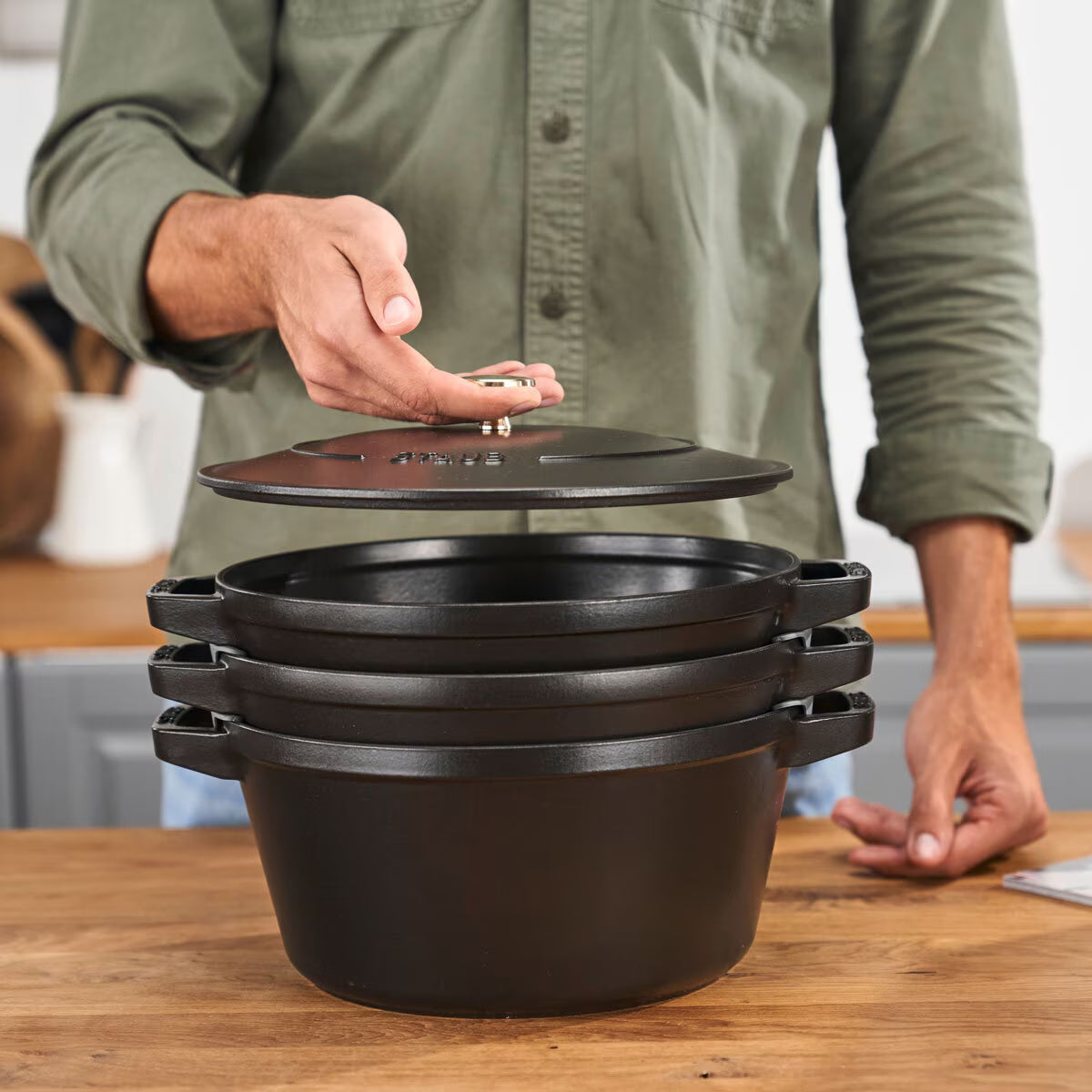 STAUB Stackable 3 Piece Pot Set in 3 Colours