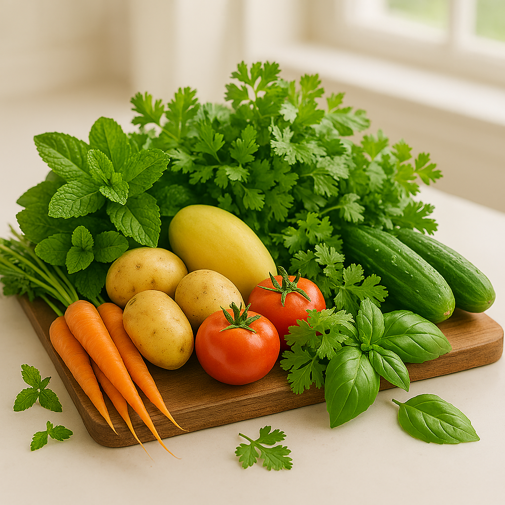 Fresh mint, parsley, coriander, and basil on rustic wooden board