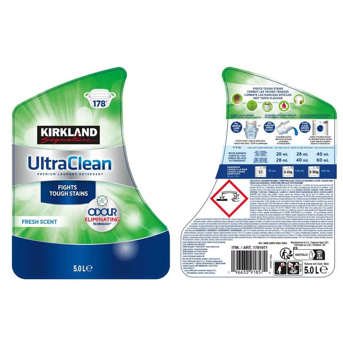 Kirkland Signature Ultra Clean Bio Laundry Liquid, 5L (178 Wash) - Nonynana