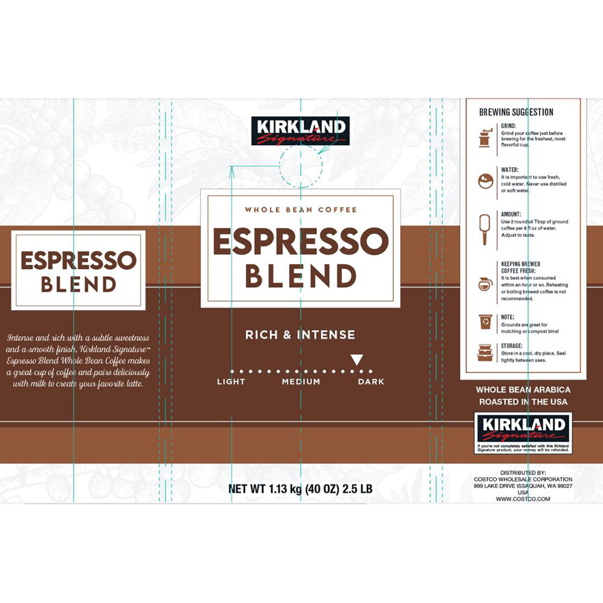 Buy now from NonynanaEssential  Kirkland Signature Whole Bean Coffee Espresso Blend, 1.13Kg Kirkland Signature