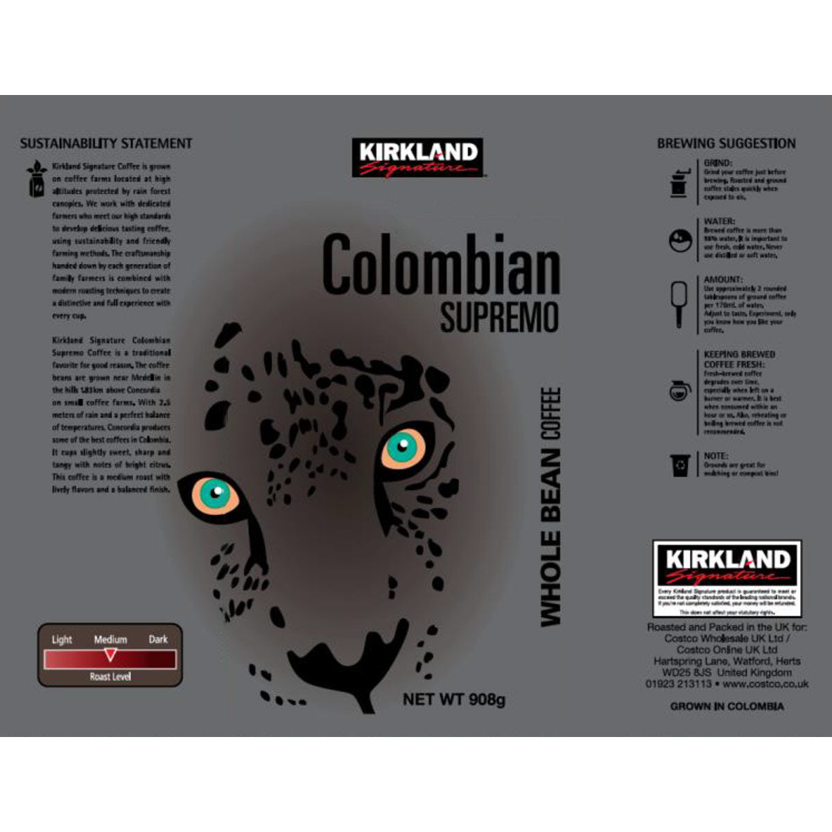 Buy now from NonynanaEssential  Kirkland Signature Colombian Supremo Whole Bean Coffee, 908G Kirkland Signature