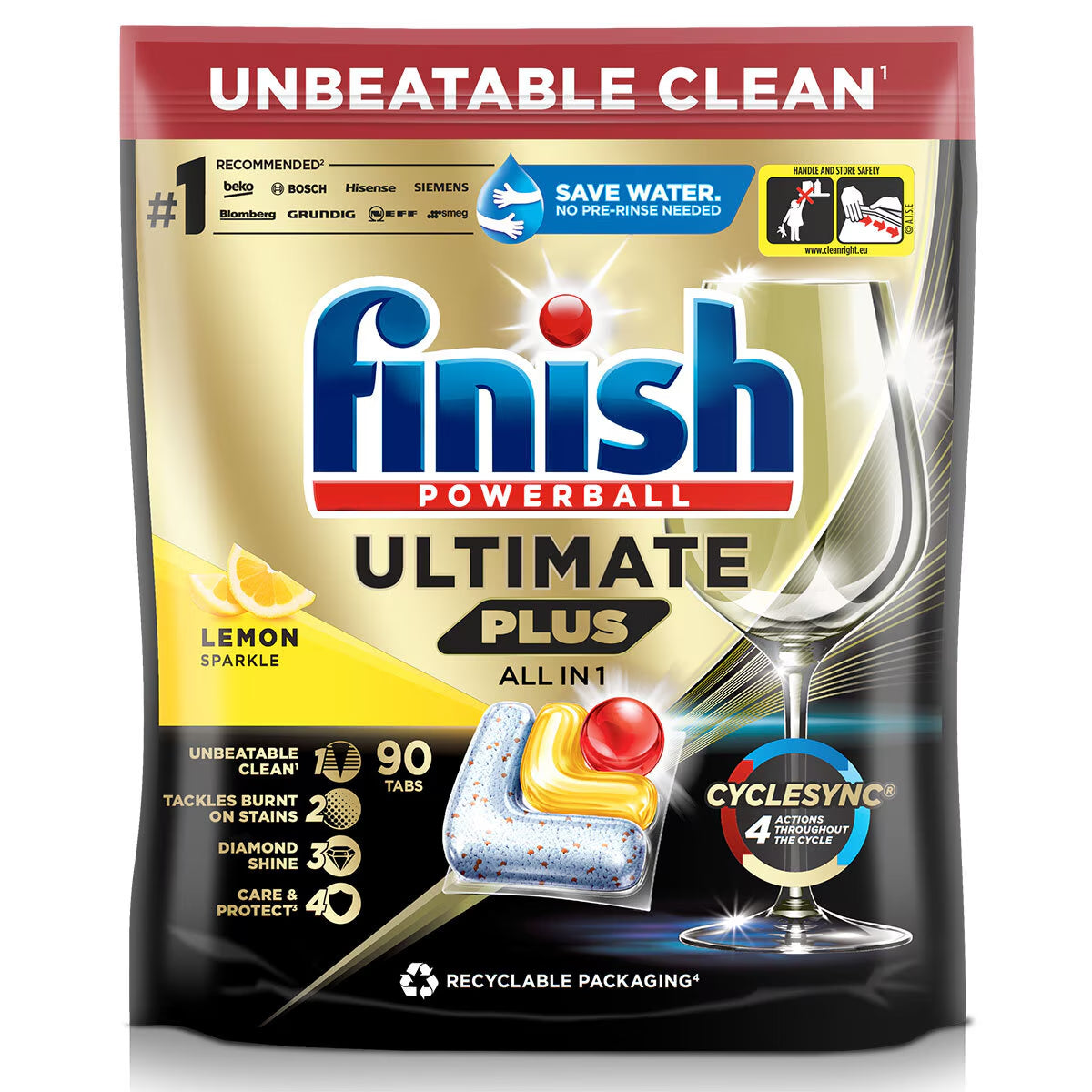 Finish Ultimate plus All in One Lemon Sparkle, 90 Pack - Nonynana