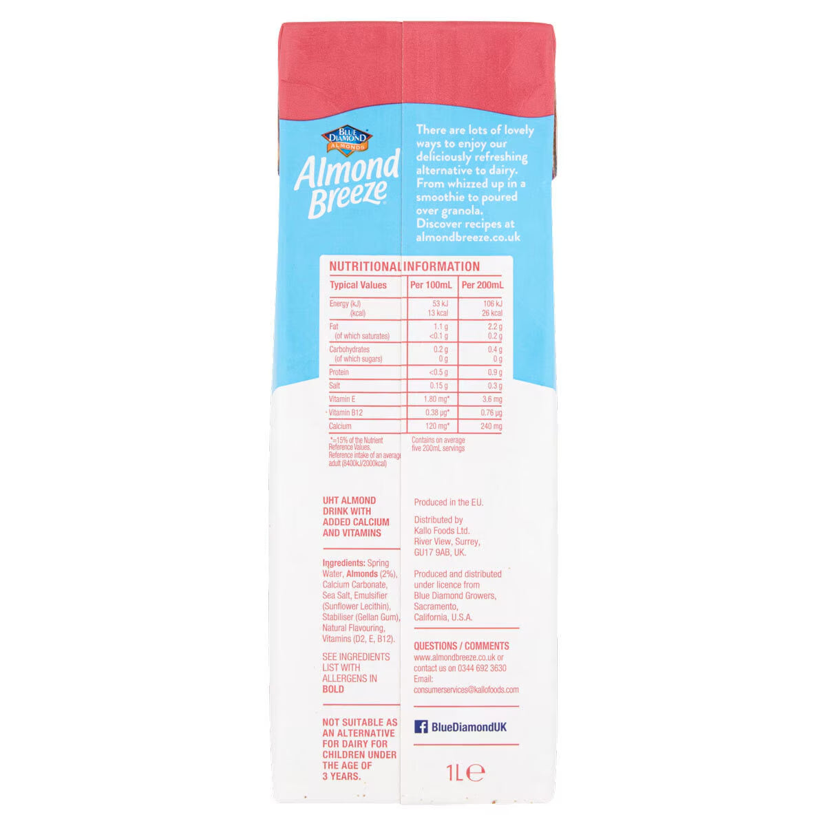 Blue Almond Unsweetened Almond Drink, 8 X 1L - Nonynana