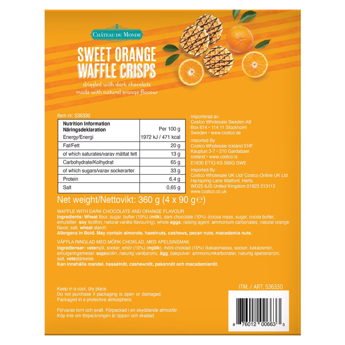 Chateau Du Monde Sweet Orange Waffle Crisps, 4 X 90G - Nonynana