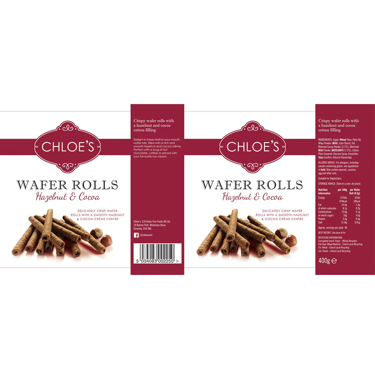 Chloe'S Hazelnut & Cocoa Wafer Rolls, 2 X 400G - Nonynana