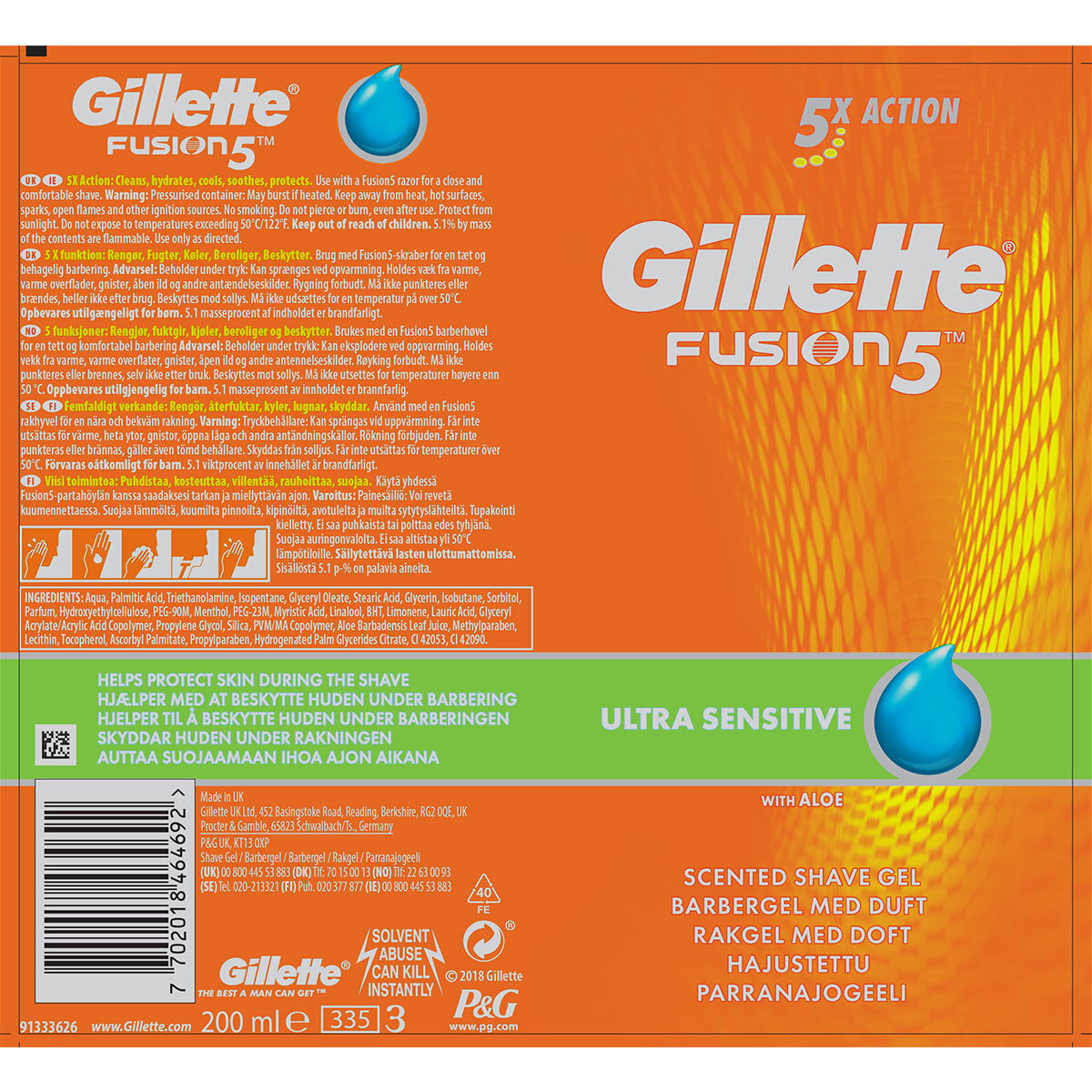 Buy now from NonynanaEssential  Gillette Fusion5 Ultra Sensitive Men'S Shaving Gel, 6 X 200Ml Gillette