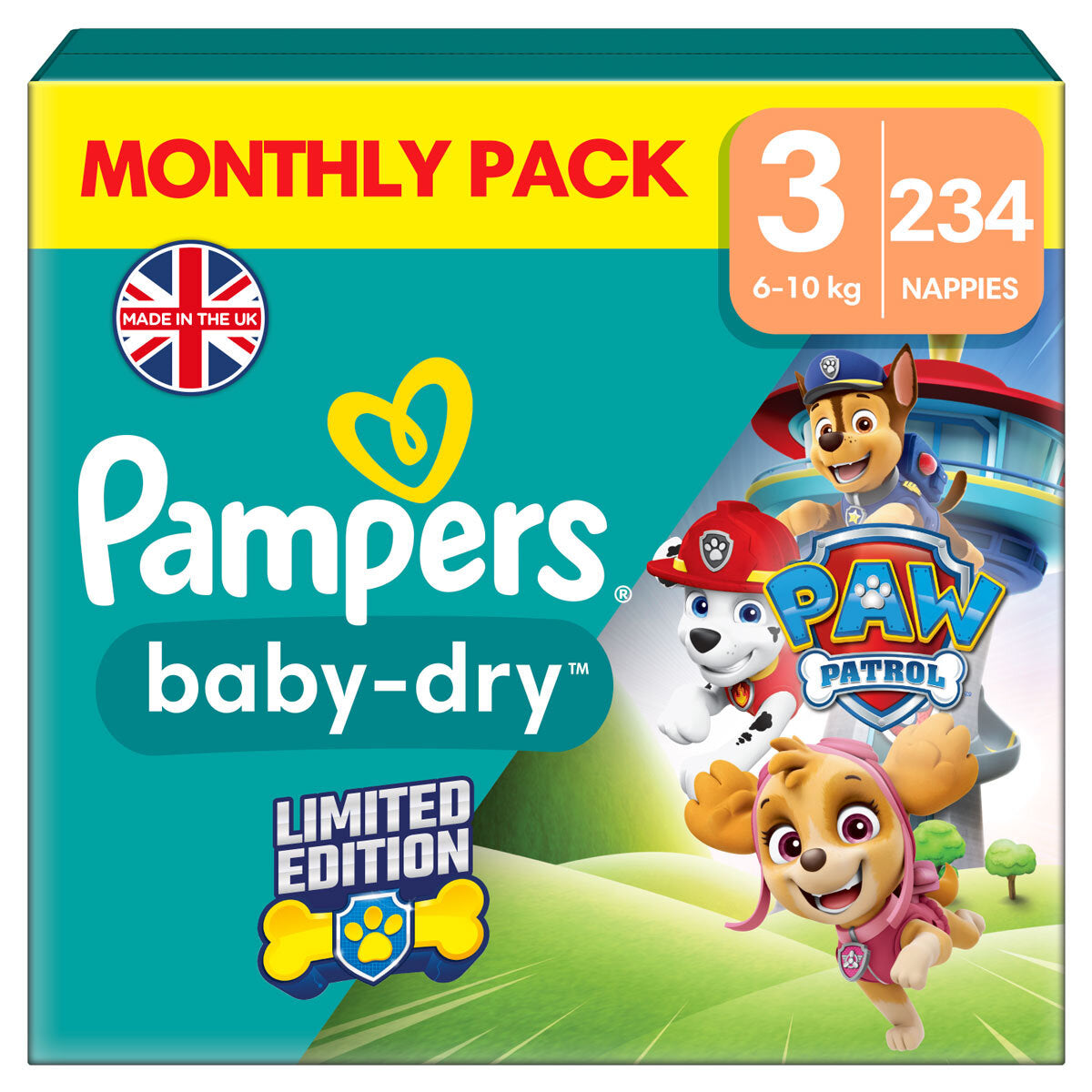 Buy now from NonynanaEssential  Pampers Paw Patrol Baby Dry Nappies Size 3, 234 Pack Pampers