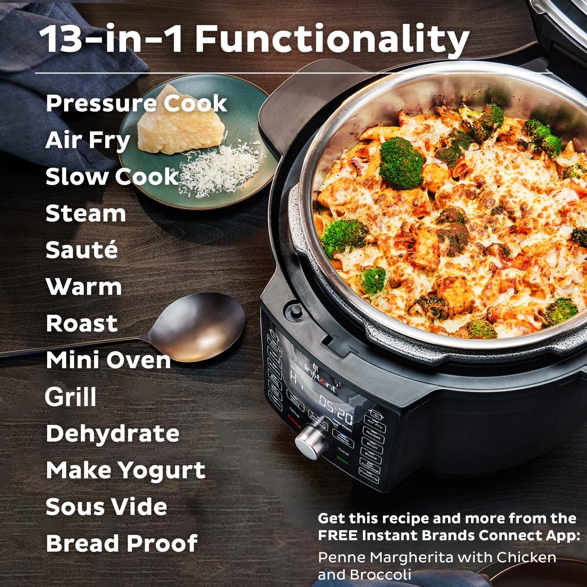 Buy now from NonynanaEssential  Instant Pot Gourmet Crisp Ultimate 13-In-1 Pressure Cooker & Air Fryer, 6.2L Instant Brands