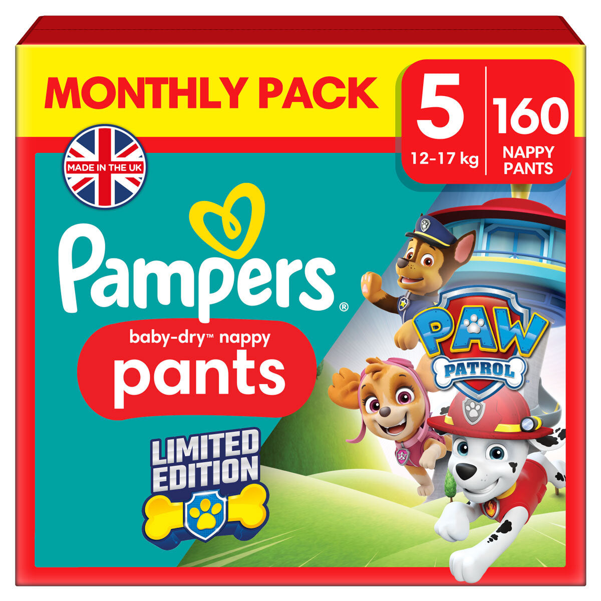 Buy now from NonynanaEssential  Pampers Paw Patrol Baby Dry Nappy Pants Size 5, 160 Pack Pampers