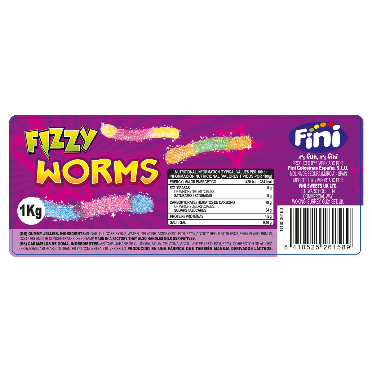 Buy now from NonynanaEssential  Fini Fizzy Worms, 1Kg Fini