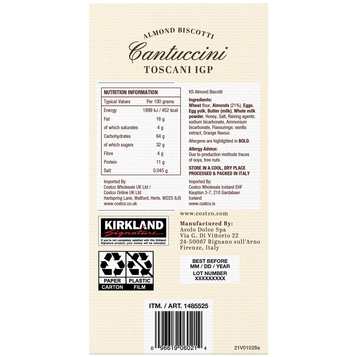 Buy now from NonynanaEssential  Kirkland Signature Cantuccini Toscani IGP Almond Biscotti, 1Kg Kirkland Signature