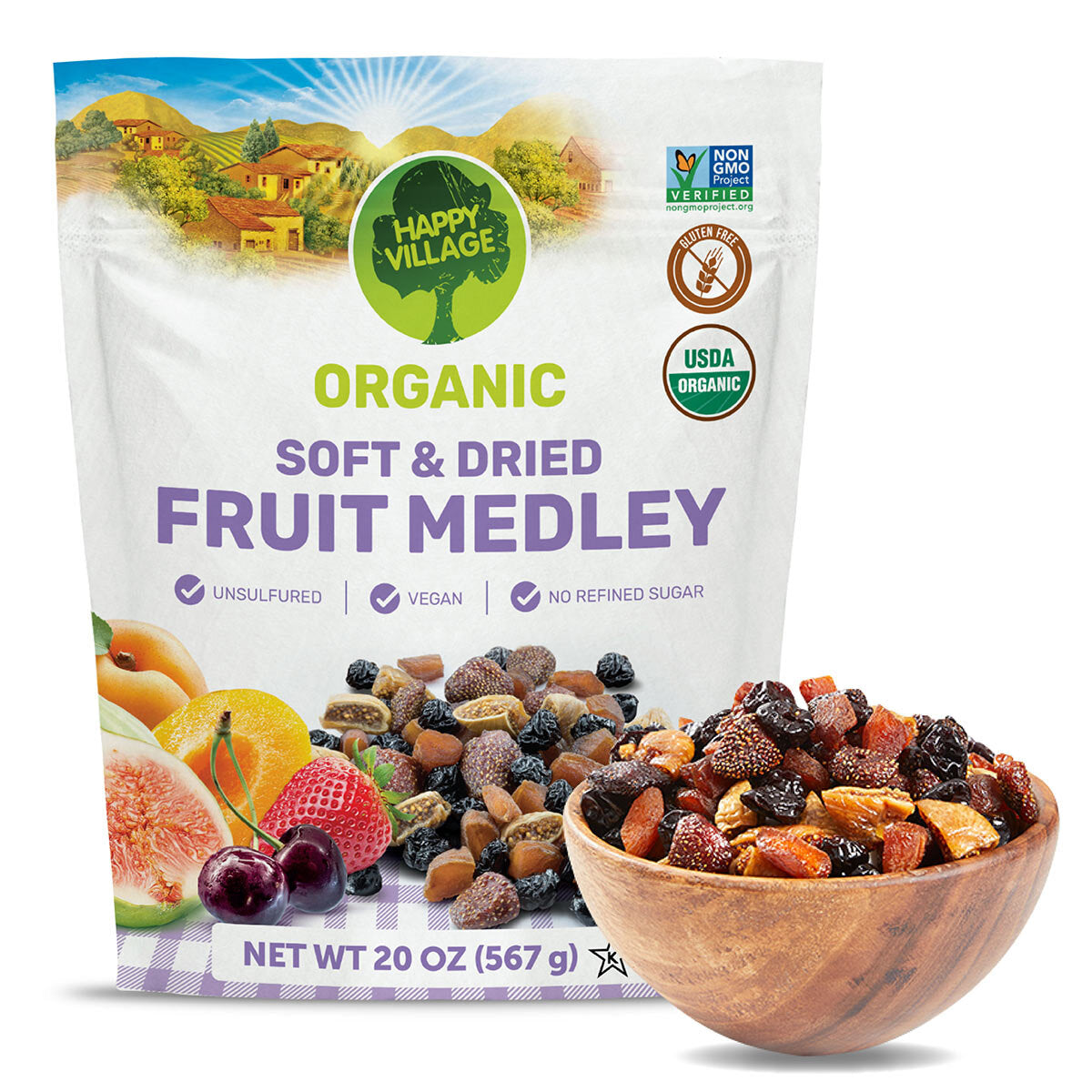 Buy now from NonynanaEssential  Happy Village Organic Soft & Dried Fruit Medley, 567G Happy Village