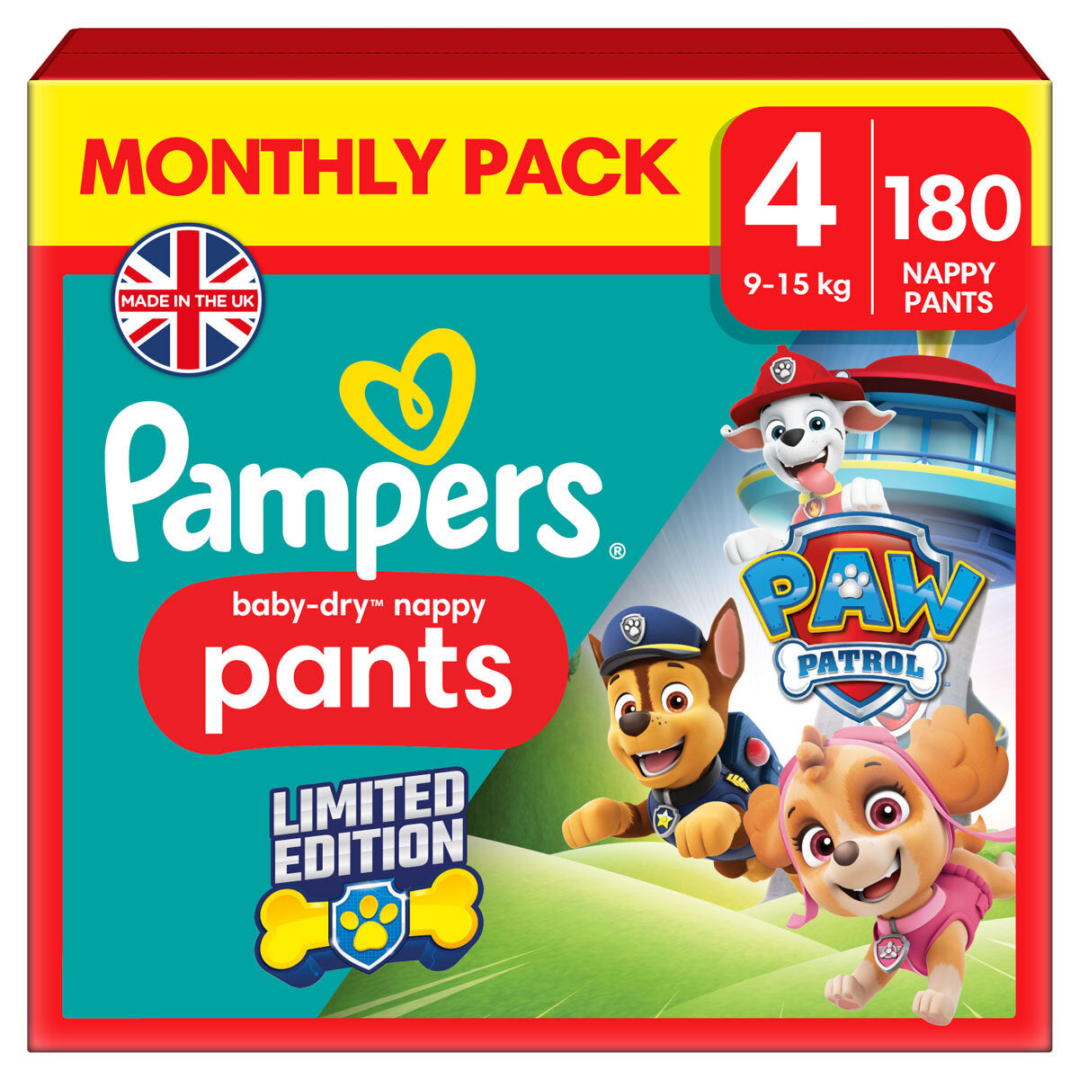 Buy now from NonynanaEssential  Pampers Paw Patrol Baby Dry Nappy Pants Size 4, 180 Pack Pampers